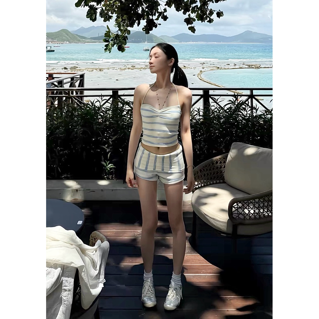 Set đồ bơi nữ kẻ sọc áo yếm buộc cổ + quần short cạp lật dáng ôm – bikini nữ sexy tôn dáng đi biển, du lịch [ E_S22 ]