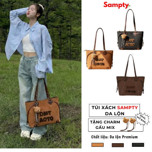 Túi Tote Sampty Teddy Da Lộn – Túi Đeo Vai Nữ Dáng To, Da Vintage, Đi Học, Đi Làm