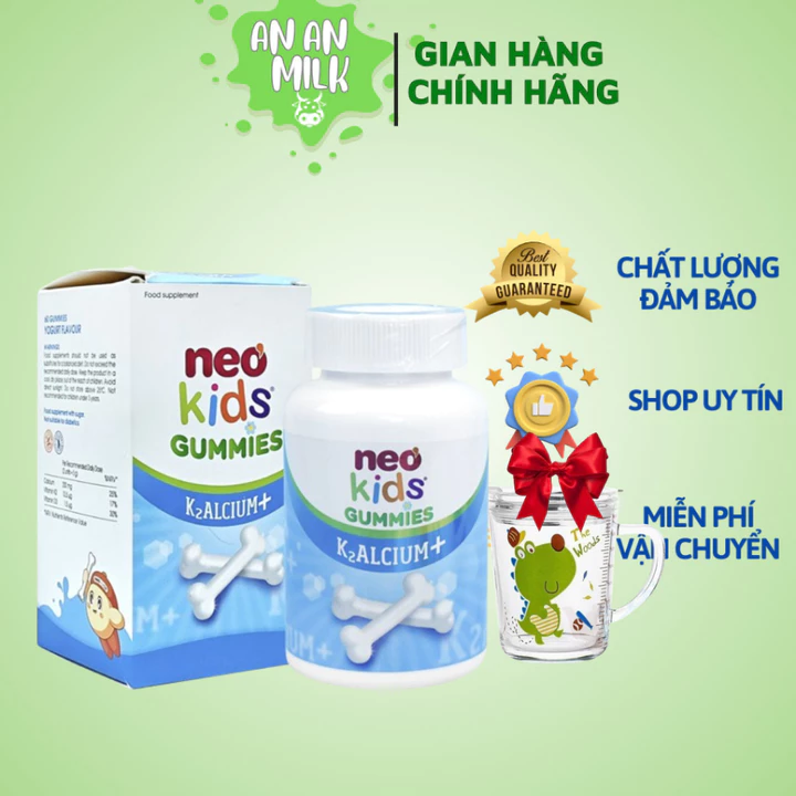 Gummies Canxi Neo Kids hộp 60 viên nhai - Kẹo canxi cho bé vị sữa chua bổ sung Canxi, D3, Vitamin K2 MK7 cho trẻ - AN