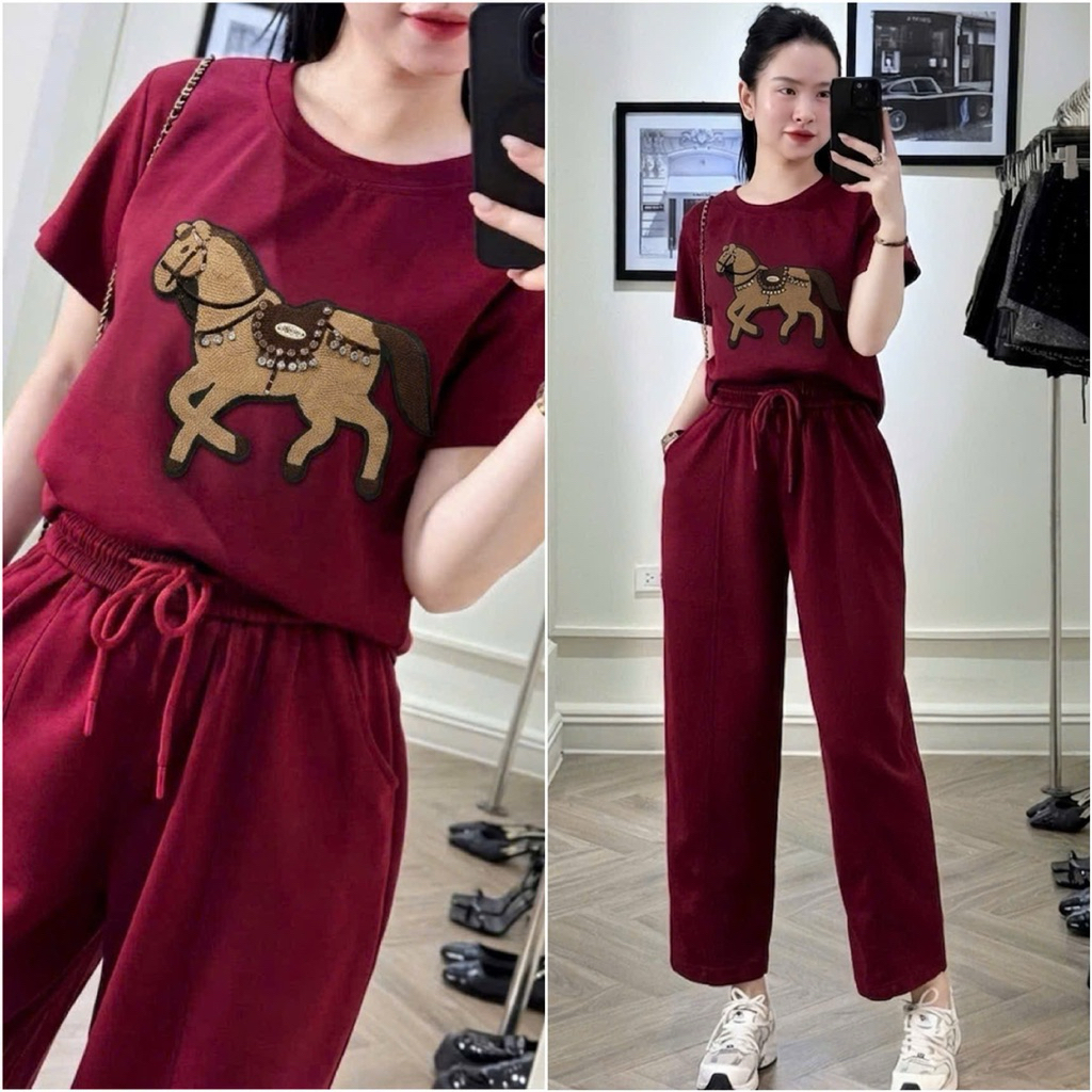 HT03. Bộ umi lạnh gắn con ngựa đá. Áo form suông quần dáng baggy đủ size 40-70kg