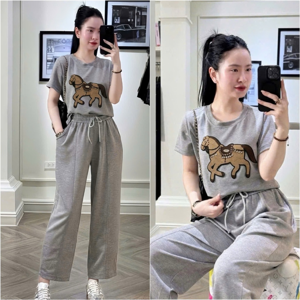 HT03. Bộ umi lạnh gắn con ngựa đá. Áo form suông quần dáng baggy đủ size 40-70kg