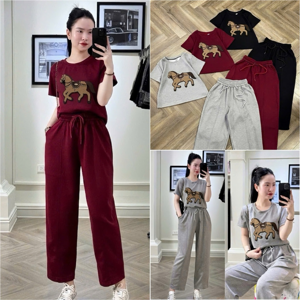 HT03. Bộ umi lạnh gắn con ngựa đá. Áo form suông quần dáng baggy đủ size 40-70kg