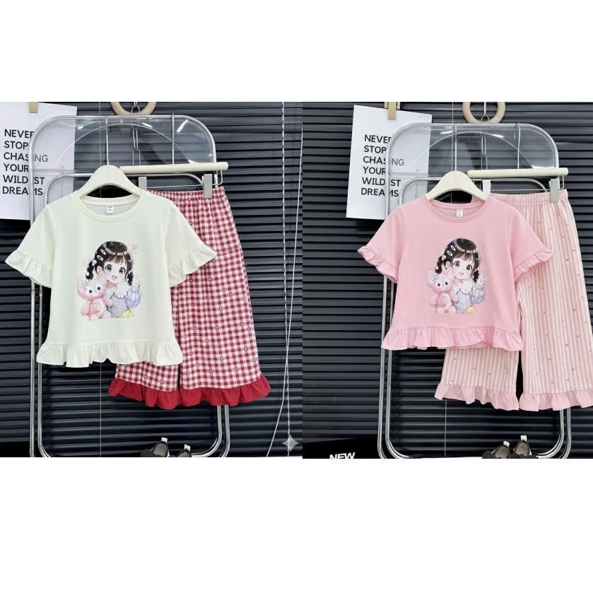 Bộ quần áo bé gái cộc tay siêu dễ thương vải mềm mịn cho bé size từ 13-42kg
