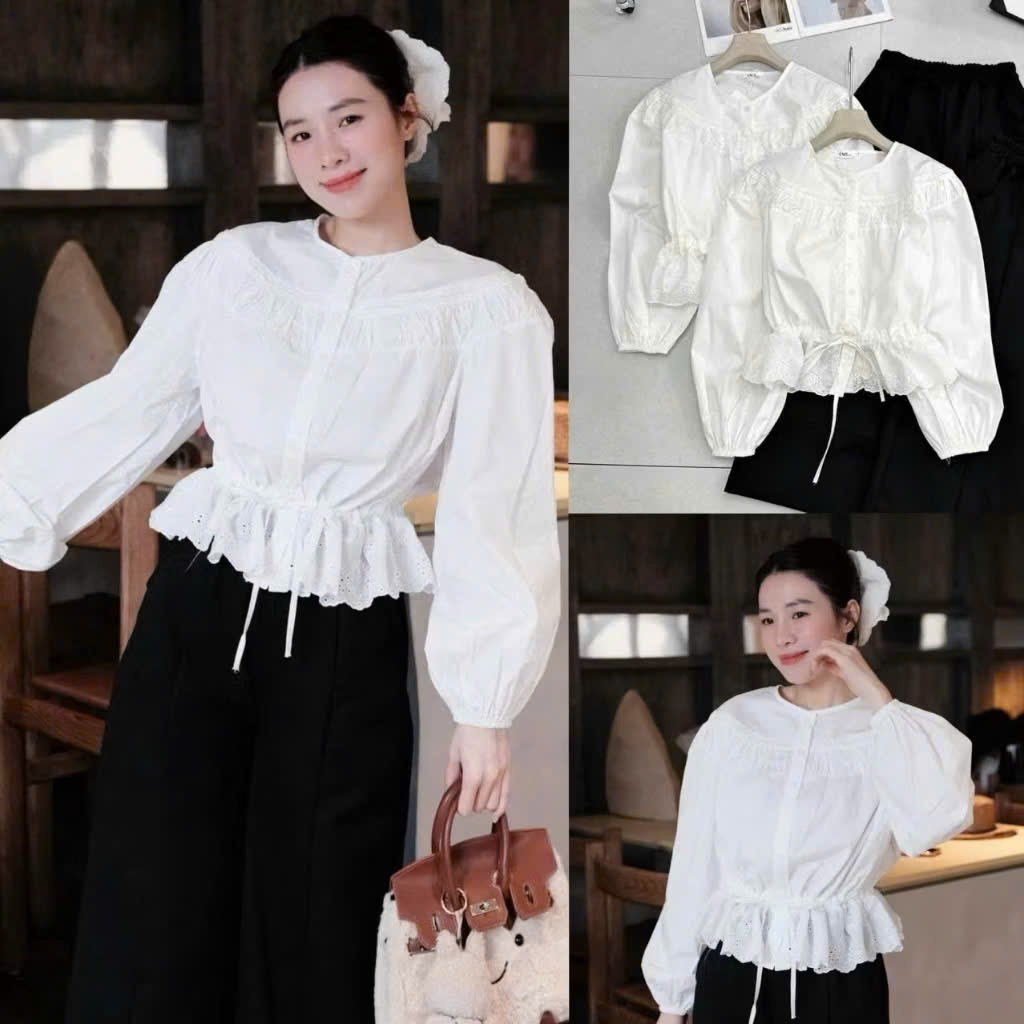 Áo Sơ Mi Nữ Trắng Babydoll Tay Dài Bo Chun Eo Phối Ren Nhẹ Nhàng Vintage Hàn Quốc Joolate sm78