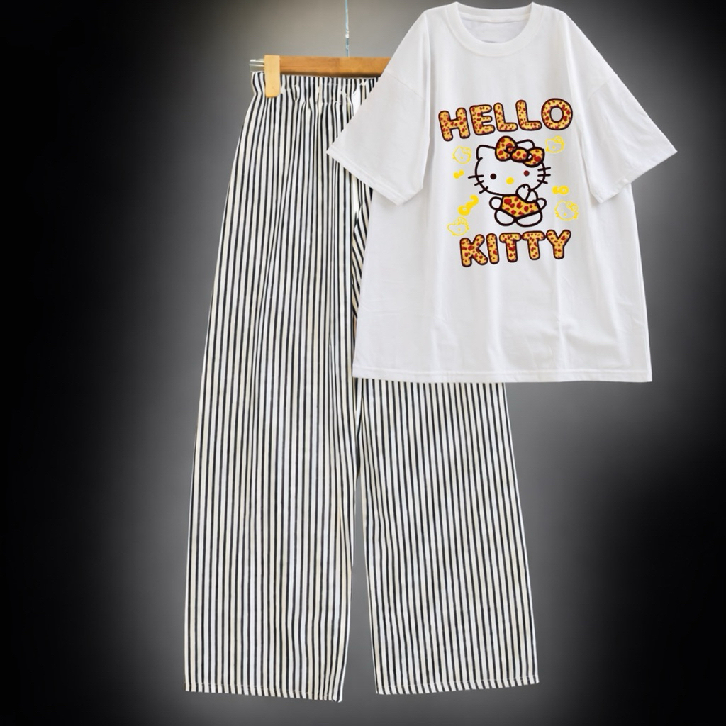 Sét Áo Nữ Dễ Thương Hình Mèo In Chữ Hello Kitty + Kèm Quần Dài Kẻ Sọc Chất Đũi Mềm Mát