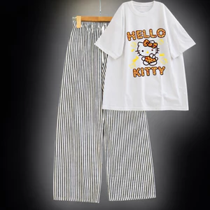 Sét Áo Nữ Dễ Thương Hình Mèo In Chữ Hello Kitty + Kèm Quần Dài Kẻ Sọc Chất Đũi Mềm Mát