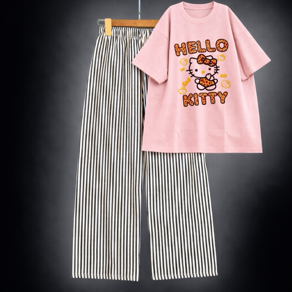 Sét Áo Nữ Dễ Thương Hình Mèo In Chữ Hello Kitty + Kèm Quần Dài Kẻ Sọc Chất Đũi Mềm Mát