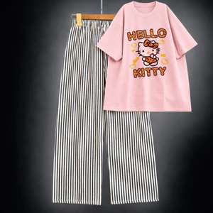 Sét Bộ Áo Thun Ngắn Tay In Hình Mèo Chữ Hello Kitty Nam Nữ Basic Phong Cách Hàn Quốc 2026