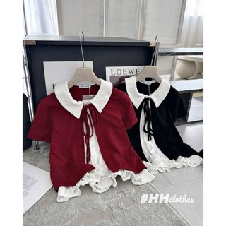 Áo thun pha cổ bẻ buộc cộc