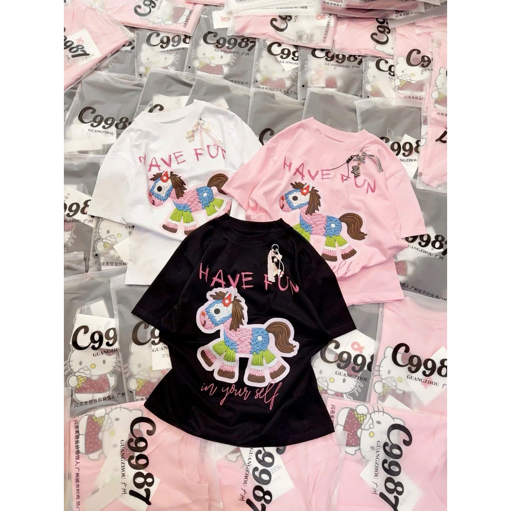 Áo Phông Ngắn Tay Nam Nữ In Ngựa Have Fun Giả Thêu Siêu Đẹp 100% Chất Cotton Mềm Mịn Siêu Co Dãn