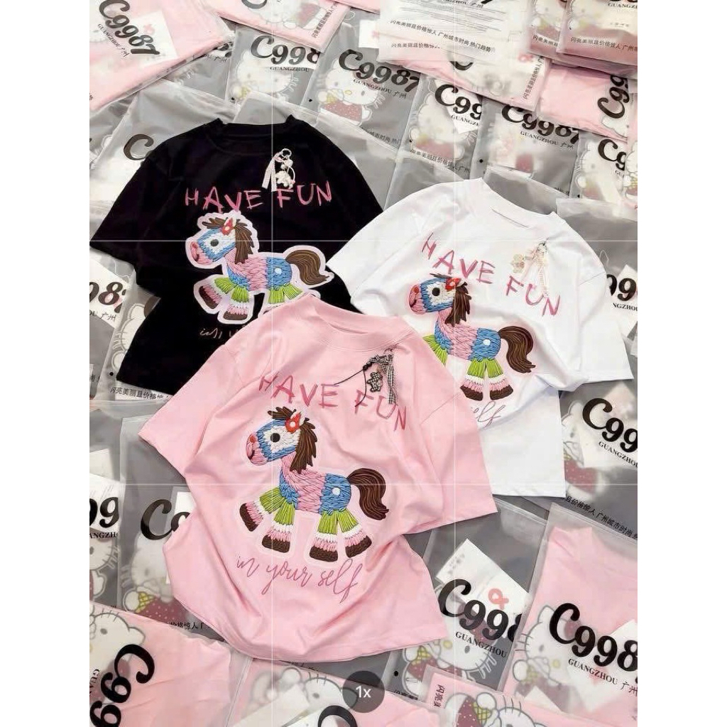Áo Phông Ngắn Tay Nam Nữ In Ngựa Have Fun Giả Thêu Siêu Đẹp 100% Chất Cotton Mềm Mịn Siêu Co Dãn
