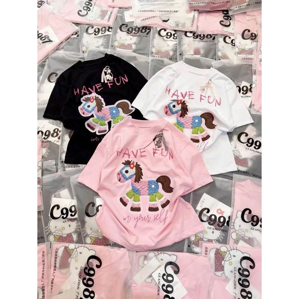 Áo Phông Ngắn Tay Nam Nữ In Ngựa Have Fun Giả Thêu Siêu Đẹp 100% Chất Cotton Mềm Mịn Siêu Co Dãn