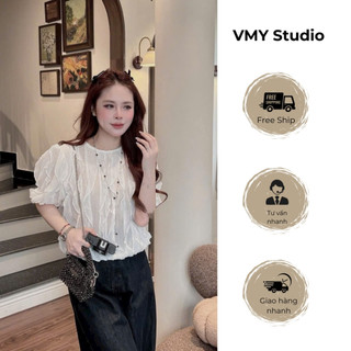 VMY Studio - Áo sơ mi ren sóng ngắn tay phong cách Hàn Quốc, áo cổ tròn tay ngắn ren điệu đà trẻ trung nữ