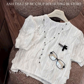 VMY Studio - Áo sơ mi ren sóng ngắn tay phong cách Hàn Quốc, áo cổ tròn tay ngắn ren điệu đà trẻ trung nữ