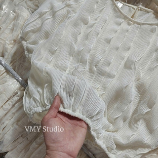 VMY Studio - Áo sơ mi ren sóng ngắn tay phong cách Hàn Quốc, áo cổ tròn tay ngắn ren điệu đà trẻ trung nữ