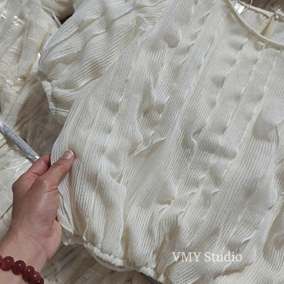 VMY Studio - Áo sơ mi ren sóng ngắn tay phong cách Hàn Quốc, áo cổ tròn tay ngắn ren điệu đà trẻ trung nữ