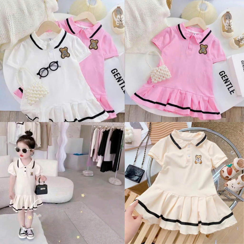 Váy bé gái cổ bẻ dễ thương, đầm bé gái cotton mềm mịn dáng xòe siêu xinh dành cho bé gái từ 9-35kg
