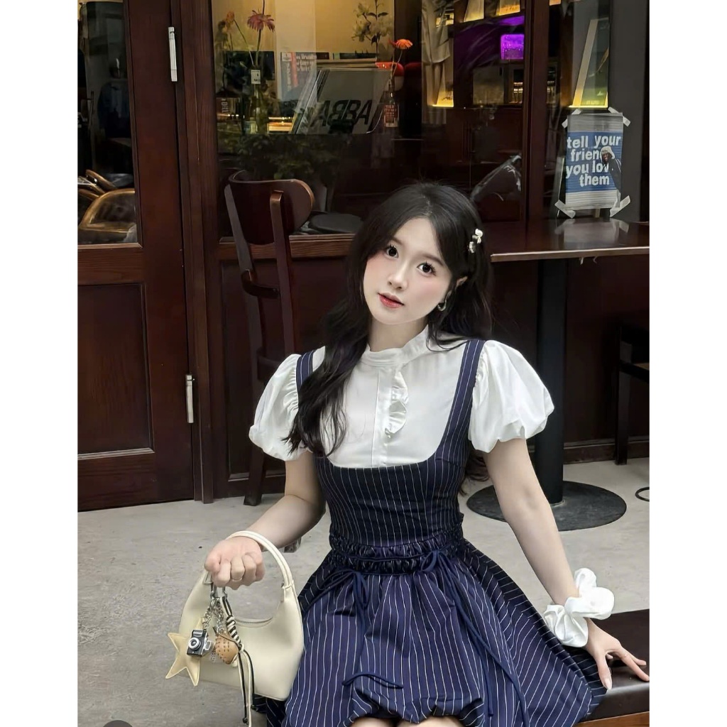[Tặng cột tóc] Set Váy Yếm Tiểu Thư kẻ xanh than cổ bèo phối thô tay bồng dáng bí tằng kèm dây cột tóc quần bảo hộ rời