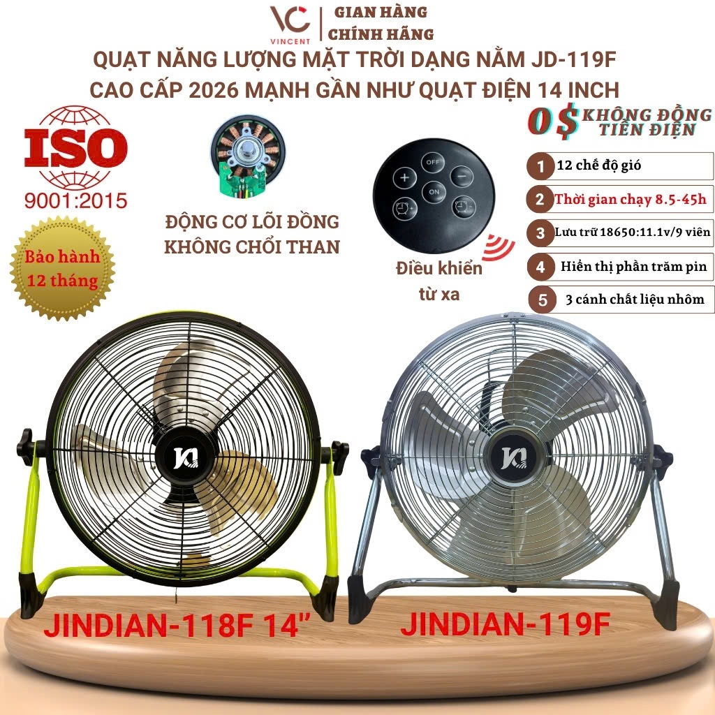 Quạt năng lượng mặt trời,quạt tích điện dạng nằm VINCENT LED,12 chế độ gió,3 cánh kim loại, hiển thị % pin, sạc USB 5V