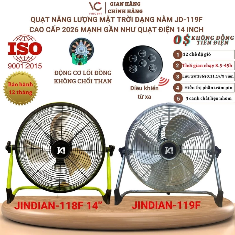 Quạt năng lượng mặt trời,quạt tích điện dạng nằm VINCENT LED,12 chế độ gió,3 cánh kim loại, hiển thị % pin, sạc USB 5V — ảnh 1