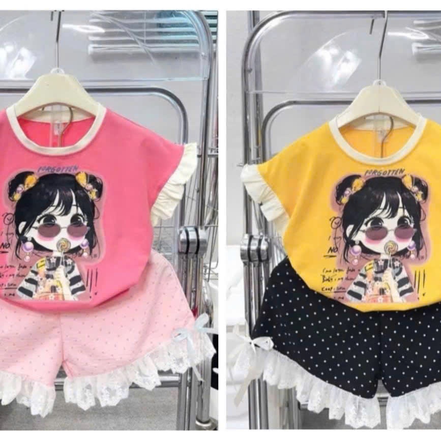 Set đồ bé gái dễ thương áo in hình phối quần ren xinh xắn size từ 13-38kg chất vải cotton su thoáng mát cho bé
