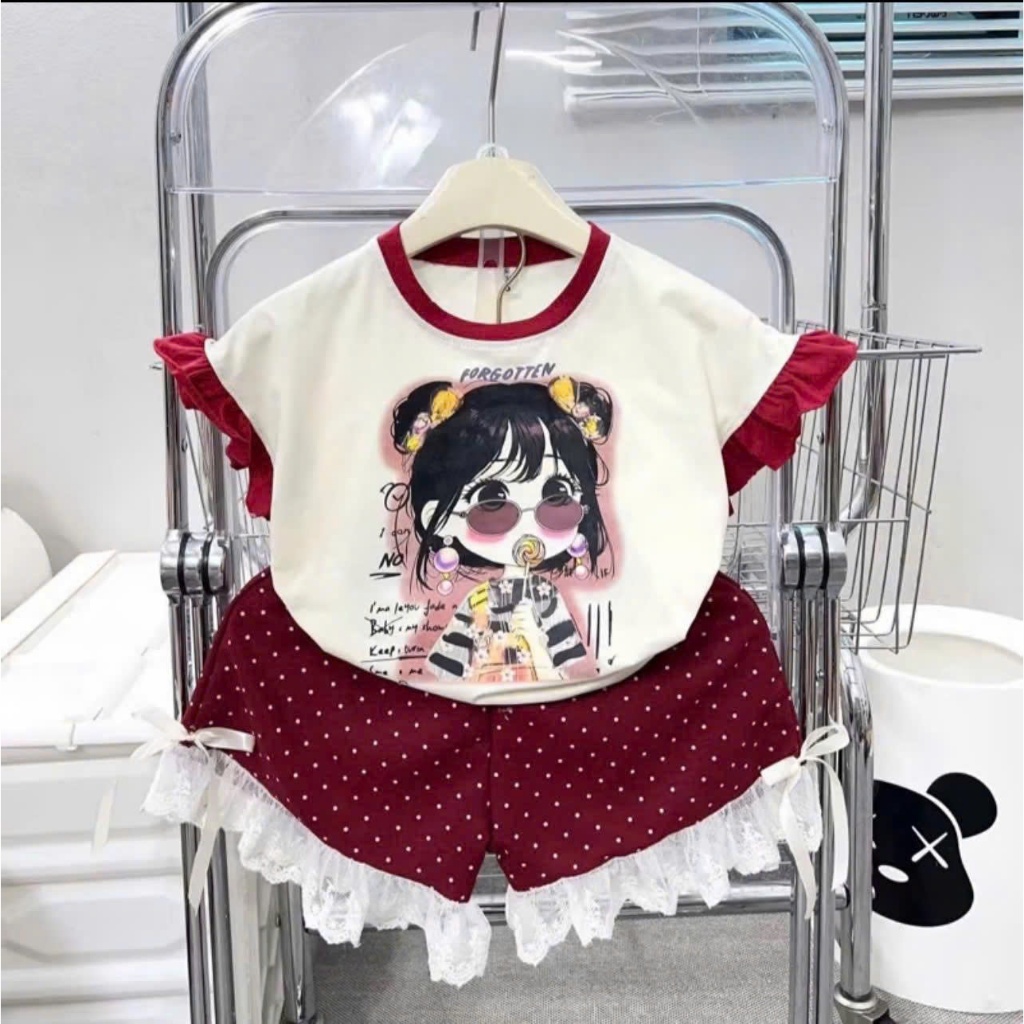 Set đồ bé gái dễ thương áo in hình phối quần ren xinh xắn size từ 13-38kg chất vải cotton su thoáng mát cho bé