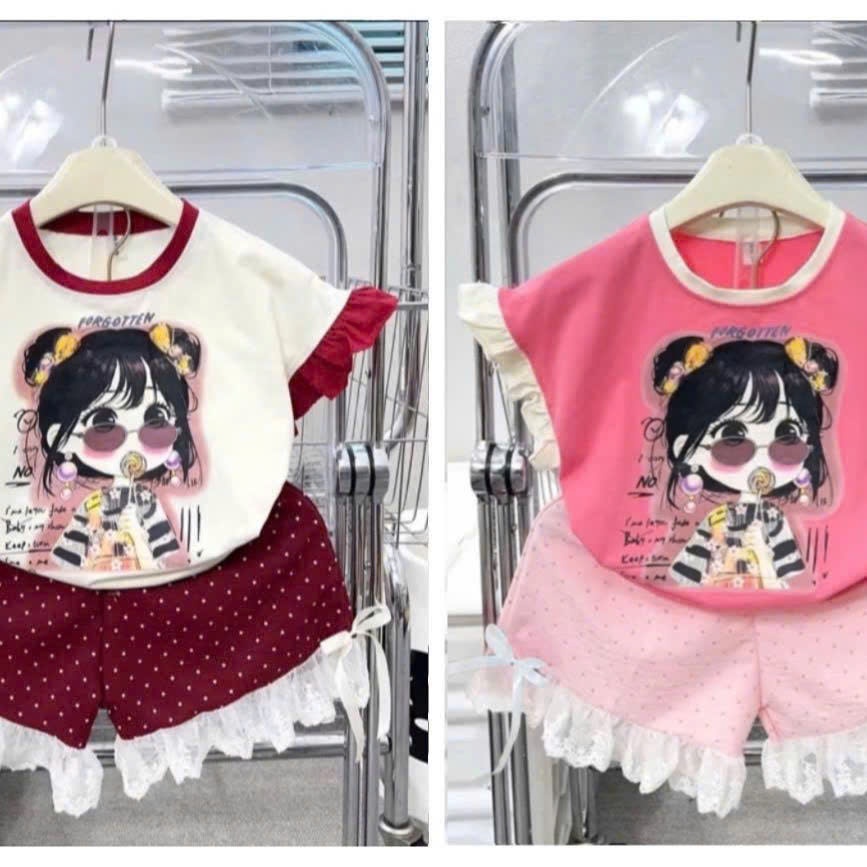 Set đồ bé gái dễ thương áo in hình phối quần ren xinh xắn size từ 13-38kg chất vải cotton su thoáng mát cho bé