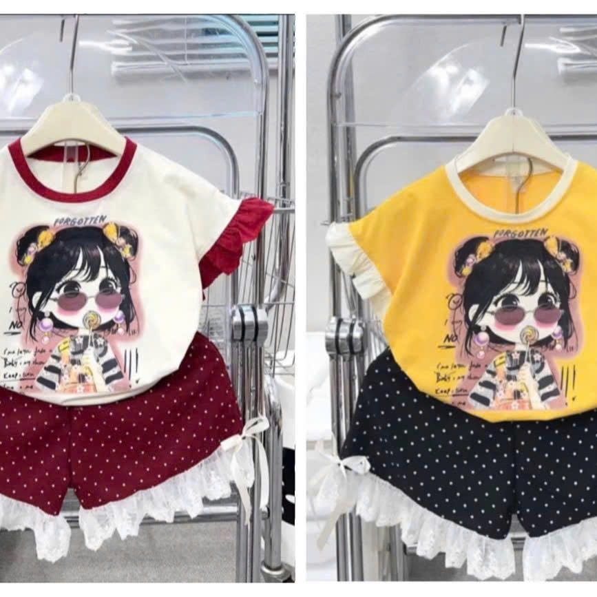 Set đồ bé gái dễ thương áo in hình phối quần ren xinh xắn size từ 13-38kg chất vải cotton su thoáng mát cho bé