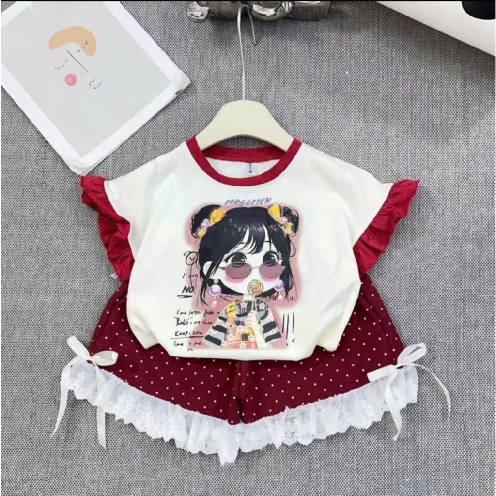Set đồ bé gái dễ thương áo in hình phối quần ren xinh xắn size từ 13-38kg chất vải cotton su thoáng mát cho bé