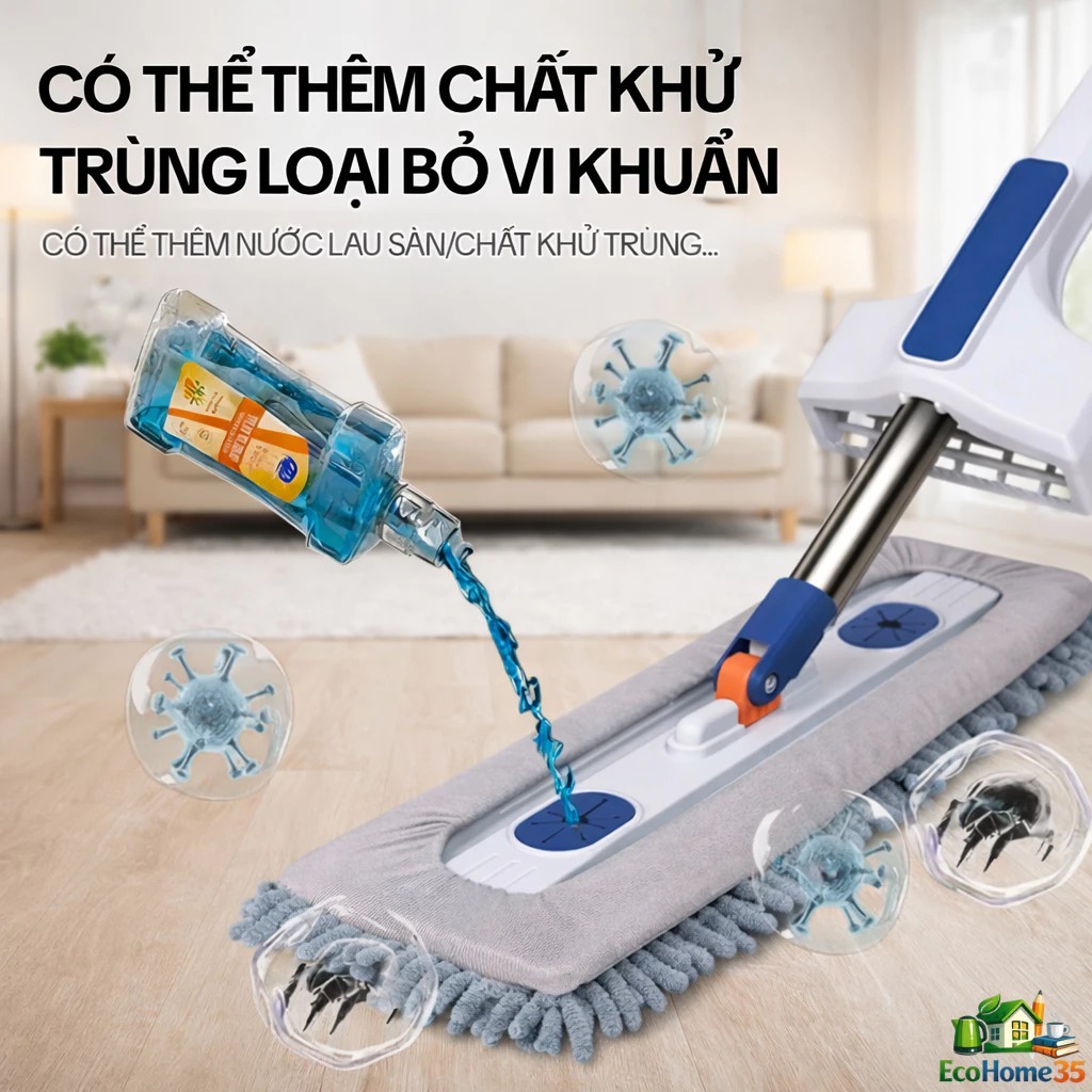 Cây Lau Nhà Tự Vắt Sợi Microfiber 45cm Siêu Thấm Hút, Chổi Lau Nhà Tự Vắt Thông Minh Xoay 360 Độ, 2 Bông Lau HOT (2026)