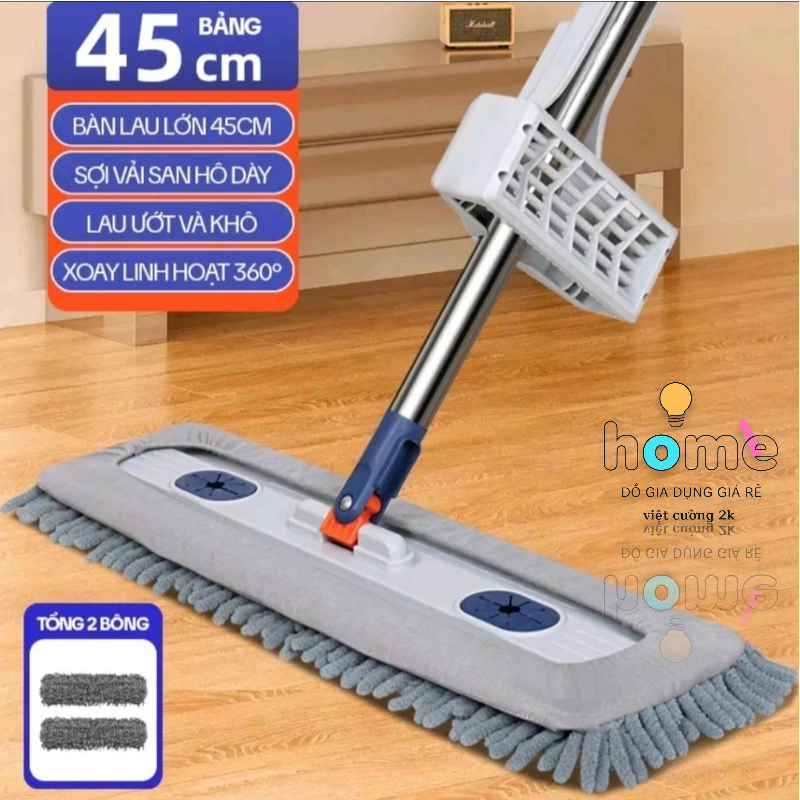 Cây Lau Nhà Tự Vắt Sợi Microfiber 45cm Siêu Thấm Hút, Chổi Lau Nhà Tự Vắt Thông Minh Xoay 360 Độ, 2 Bông Lau HOT (2026)