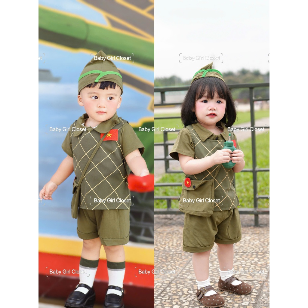 Set đồ 30/4 cho bé, set bộ trấn thủ 5CT cho bé trai bé gái: áo trấn thủ, áo cổ trụ, quần, túi, mũ từ 10 -26kg, Baby Girl