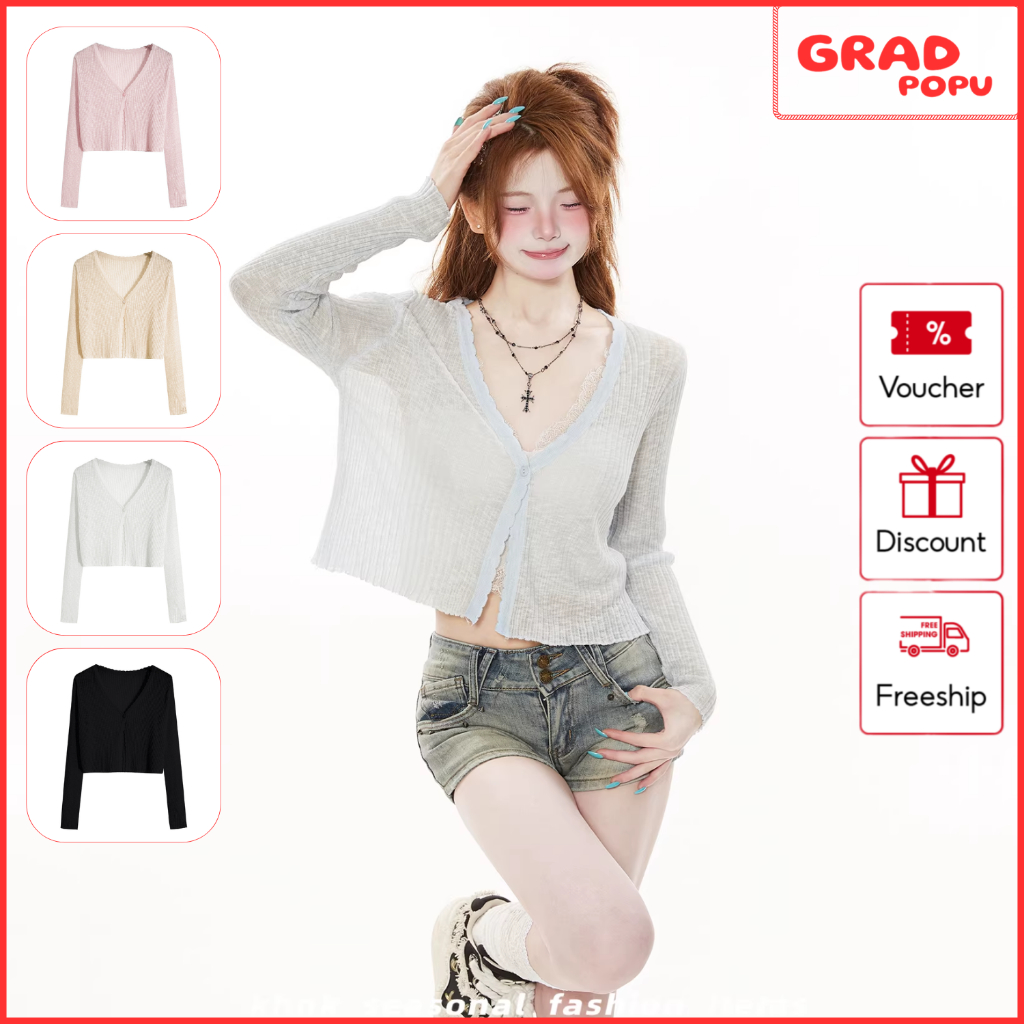 Áo cardigan nữ GRADPOPU mỏng xuyên thấu gợi cảm tay dài cổ V chất dệt kim hè thoáng mát đi biển KN01