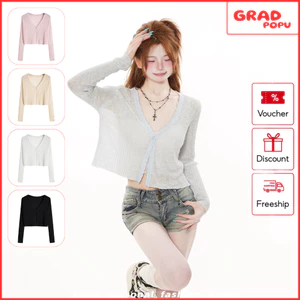 Áo cardigan nữ GRADPOPU mỏng xuyên thấu gợi cảm tay dài cổ V chất dệt kim hè thoáng mát đi biển KN01