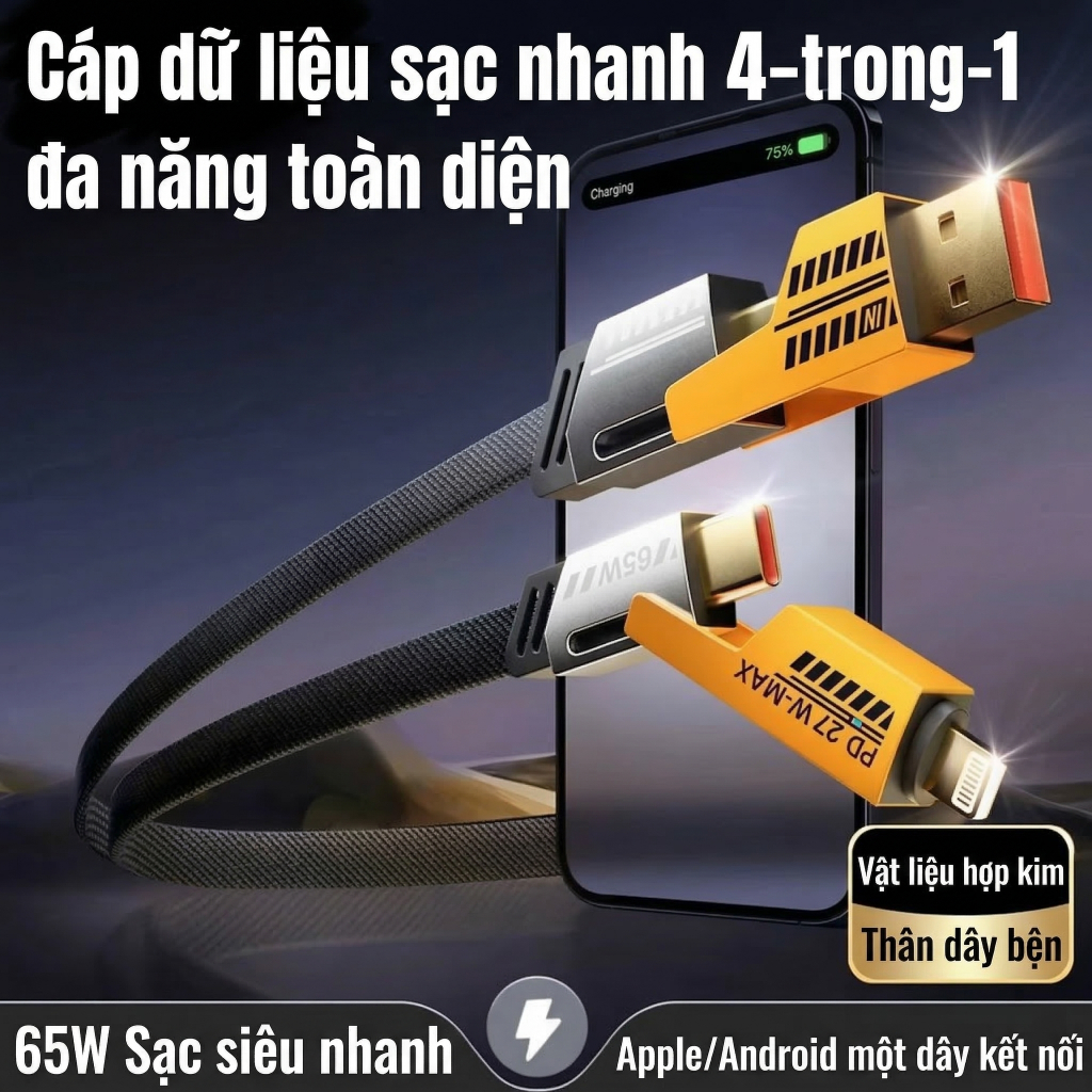 Cáp Sạc Nhanh 4 Trong 1 Type C Lai-ning Android 27W 65W Dây Dệt 1m Truyền Dữ Liệu Siêu Bền