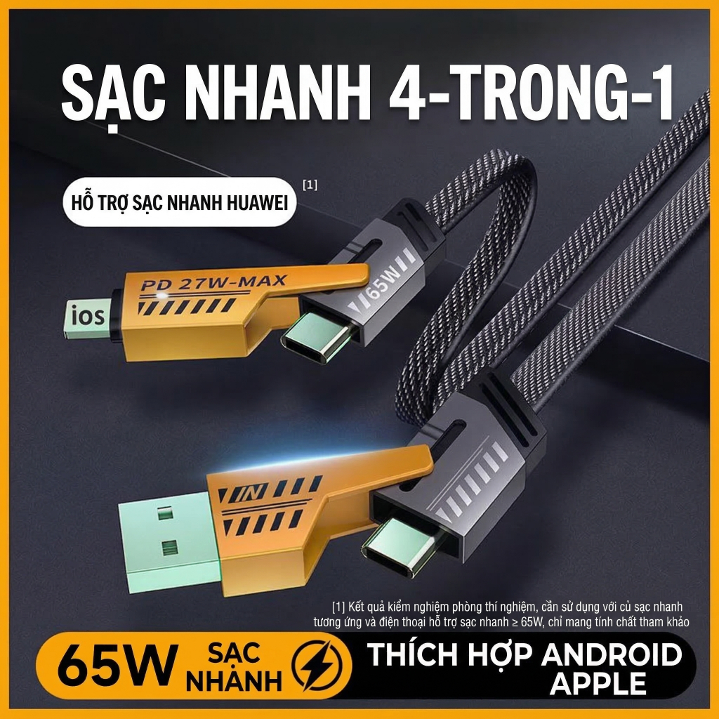 Cáp Sạc Nhanh 4 Trong 1 Type C Lai-ning Android 27W 65W Dây Dệt 1m Truyền Dữ Liệu Siêu Bền