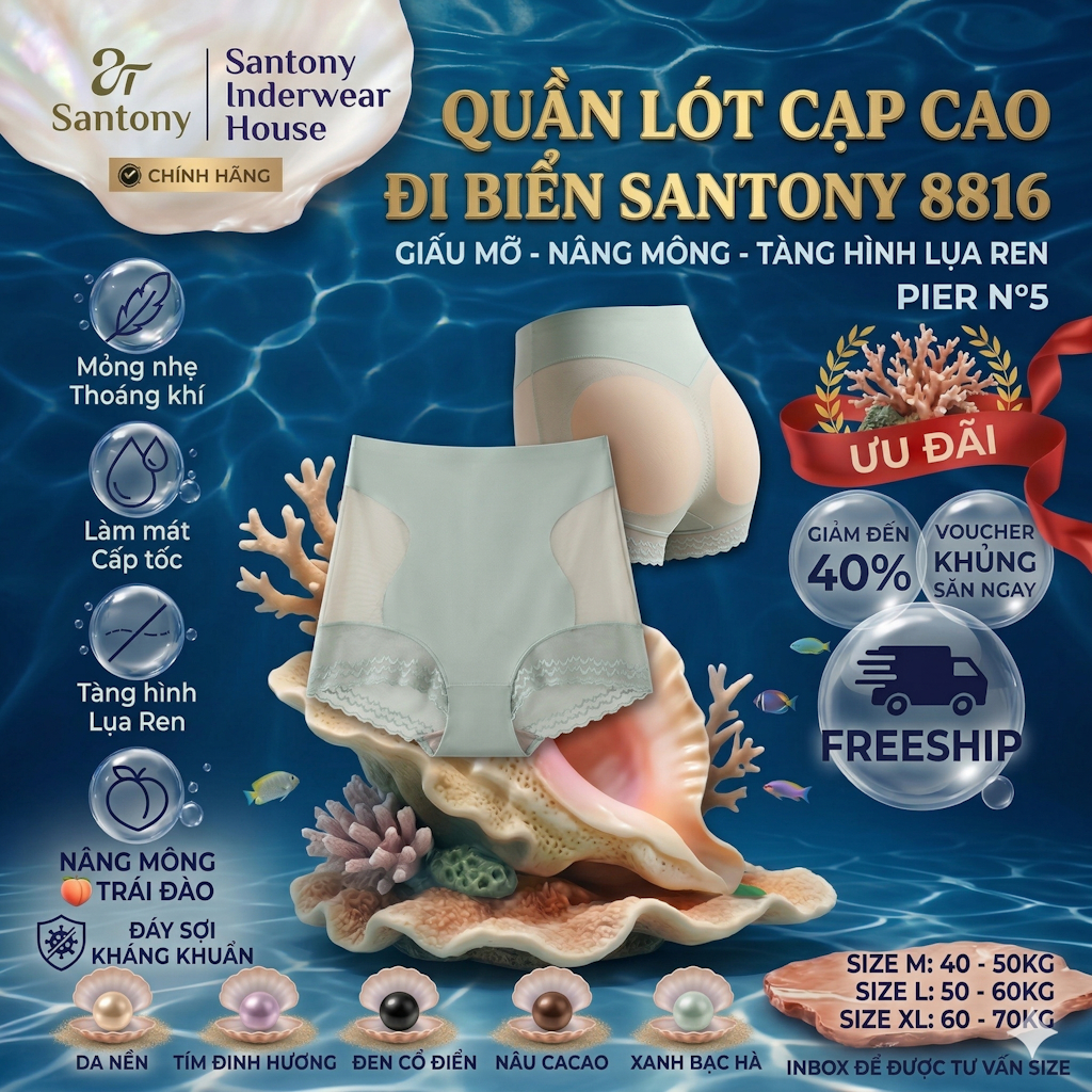 Quần Lót Cạp Cao Đi Biển Santony 8816 - Nâng Mông 3D Lụa Phối Ren PIER N°5