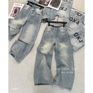 Quần Jeans Bò Suông Đính Đá 2 Túi Trước Thêu Chỉ QC
