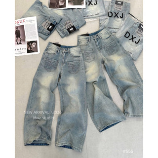 Quần Jeans Bò Suông Đính Đá 2 Túi Trước Thêu Chỉ QC