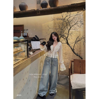 Quần Jeans Bò Suông Đính Đá 2 Túi Trước Thêu Chỉ QC
