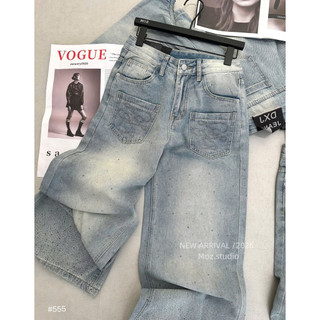 Quần Jeans Bò Suông Đính Đá 2 Túi Trước Thêu Chỉ QC