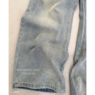 Quần Jeans Bò Suông Đính Đá 2 Túi Trước Thêu Chỉ QC