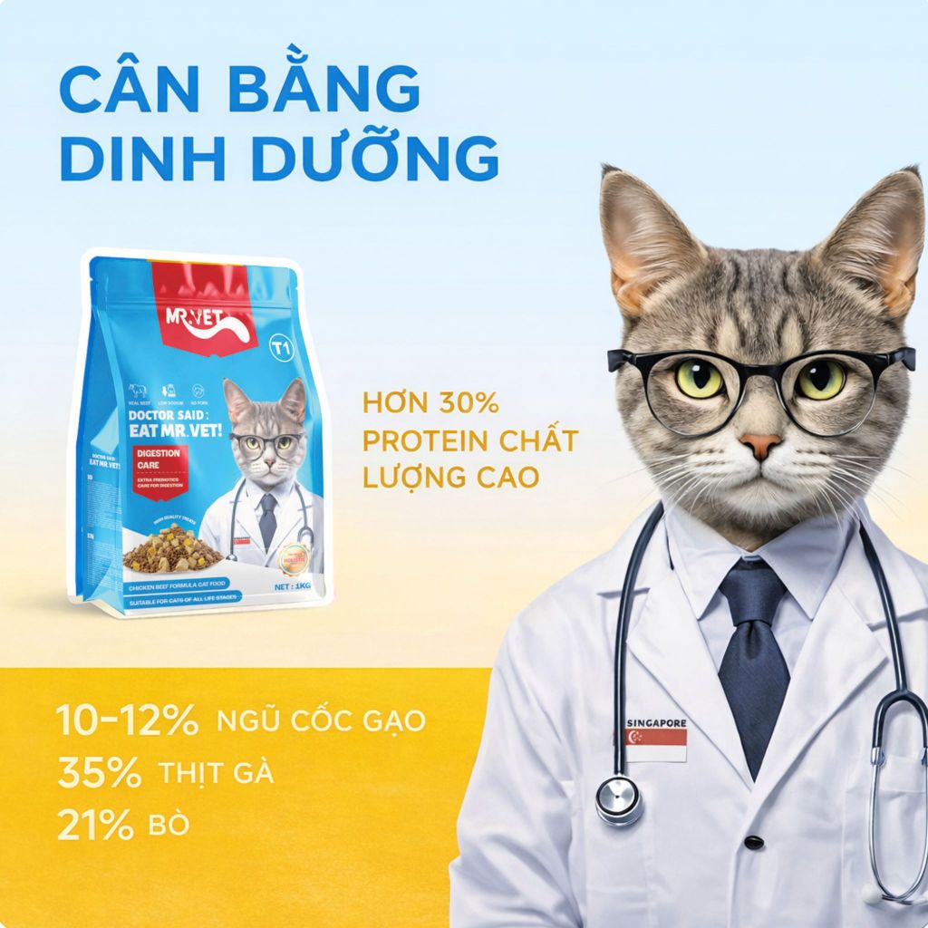 Hạt cho mèo MRVET T1 gói 1KG 3 Loại Topping Thức ăn cho mèo 30% Protein