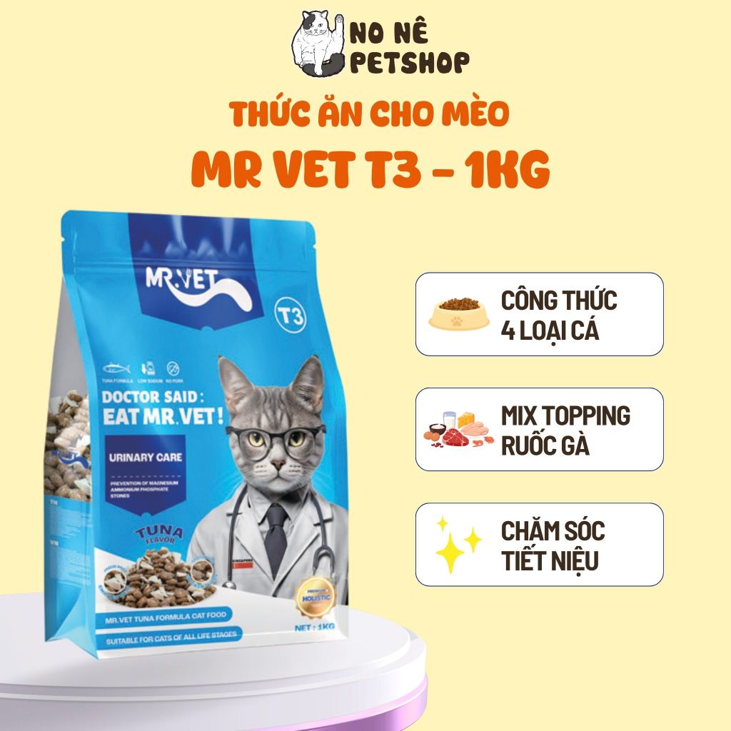 Hạt cho mèo MRVET T3 gói 1KG công thức 4 loại cá biển mix topping ruốc gà cải thiện tiết niệu