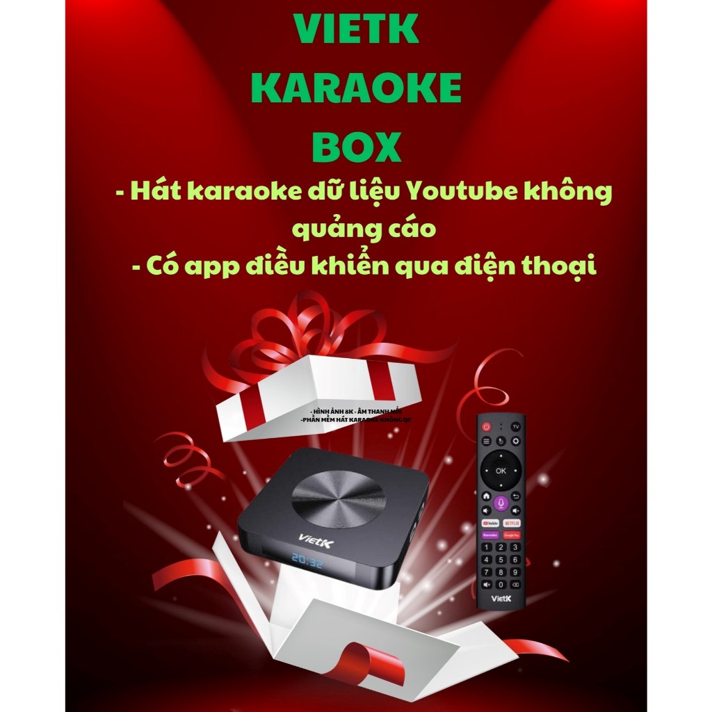 Đầu hát karaoke VietK VBox 8K, chạy Android 12, GPU 8K, hỗ trợ 4K Ultra HD, RAM 2GB, ROM 16GB 2026