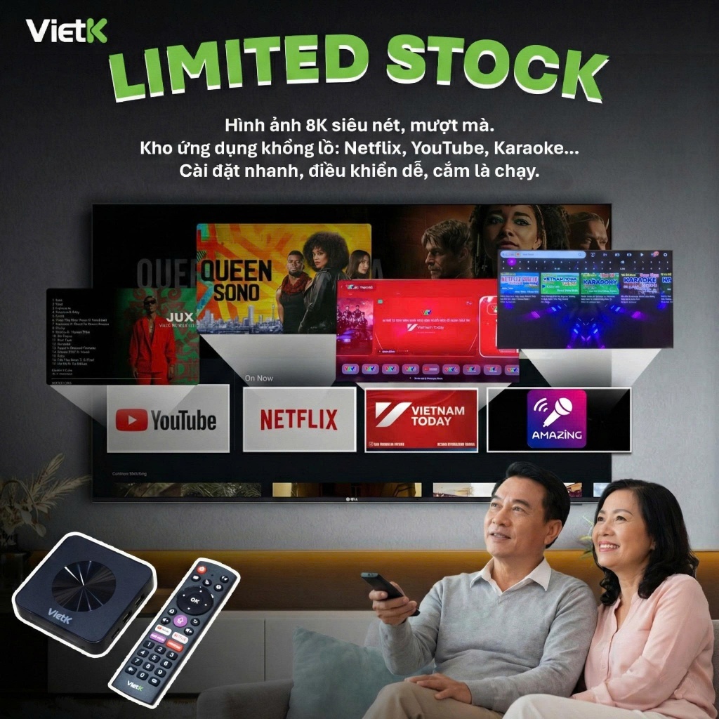 Đầu hát karaoke VietK VBox 8K, Android 12, GPU 8K, hỗ trợ 4K Ultra HD, RAM 2GB và ROM 16GB.