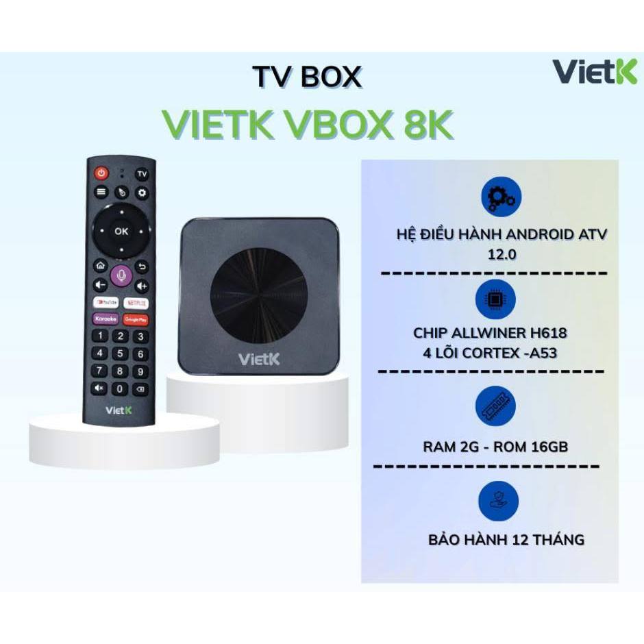 Đầu karaoke VietK VBox 8K - Android 12, hỗ trợ 4K Ultra HD, RAM 2Gb, ROM 16Gb, chính hãng 2026.