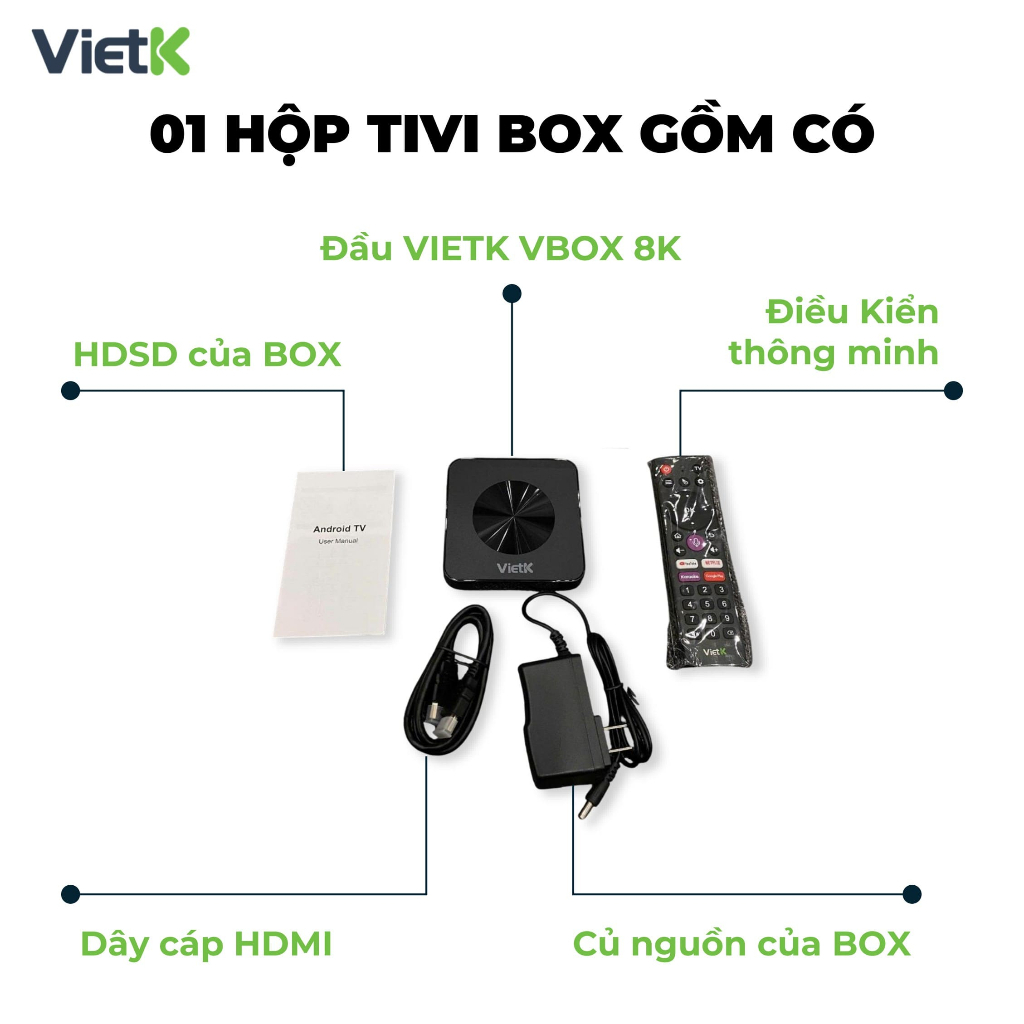 Đầu hát karaoke VietK VBox 8K, Android 12, GPU 8K, hỗ trợ 4K Ultra HD, RAM 2GB và ROM 16GB.