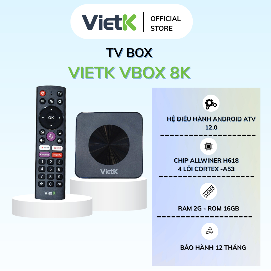 Đầu hát karaoke VietK VBox 8K, chạy Android 12, GPU 8K, hỗ trợ 4K Ultra HD, RAM 2GB, ROM 16GB 2026