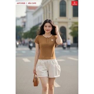 6ATC05 Áo Thun Nữ Cardina Cotton Zip Cổ Trụ Tay Ngắn, Áo Phông Nữ Co Giãn Mềm Mịn, Form Ôm Trẻ Trung 6ATC05